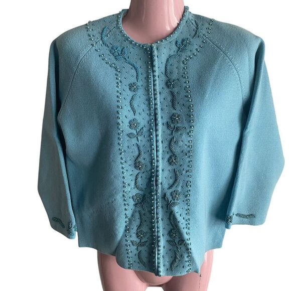 Vintage 1960's Sweater Jacket Women's 14 Wool Turquoise Beaded New Old Stock